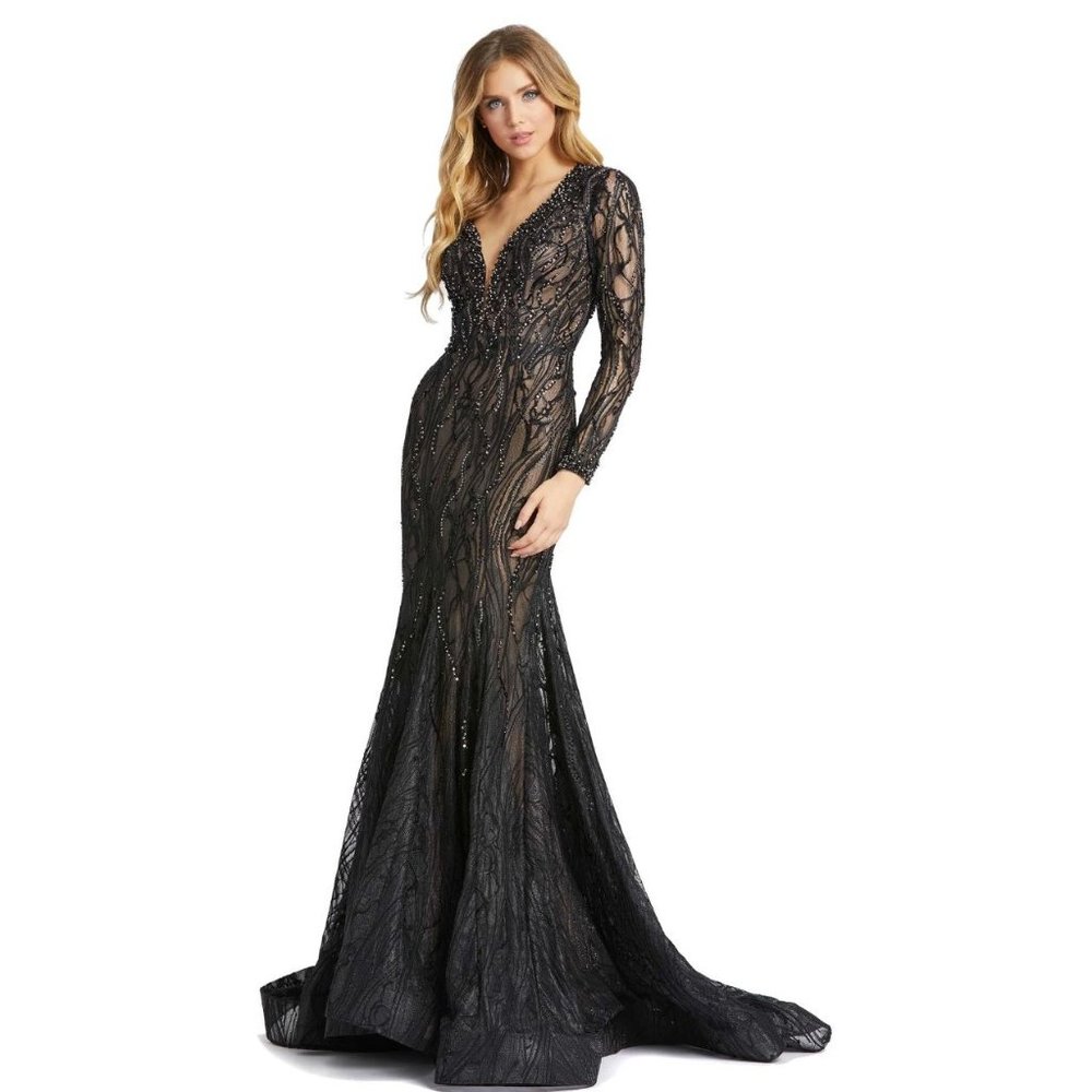 MAC DUGGAL 79291 Beaded Illusion Long Sleeve Plunge Neck Gown $798 Size 6
